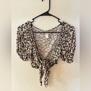 Mahina Floral Black Tie-Front Top